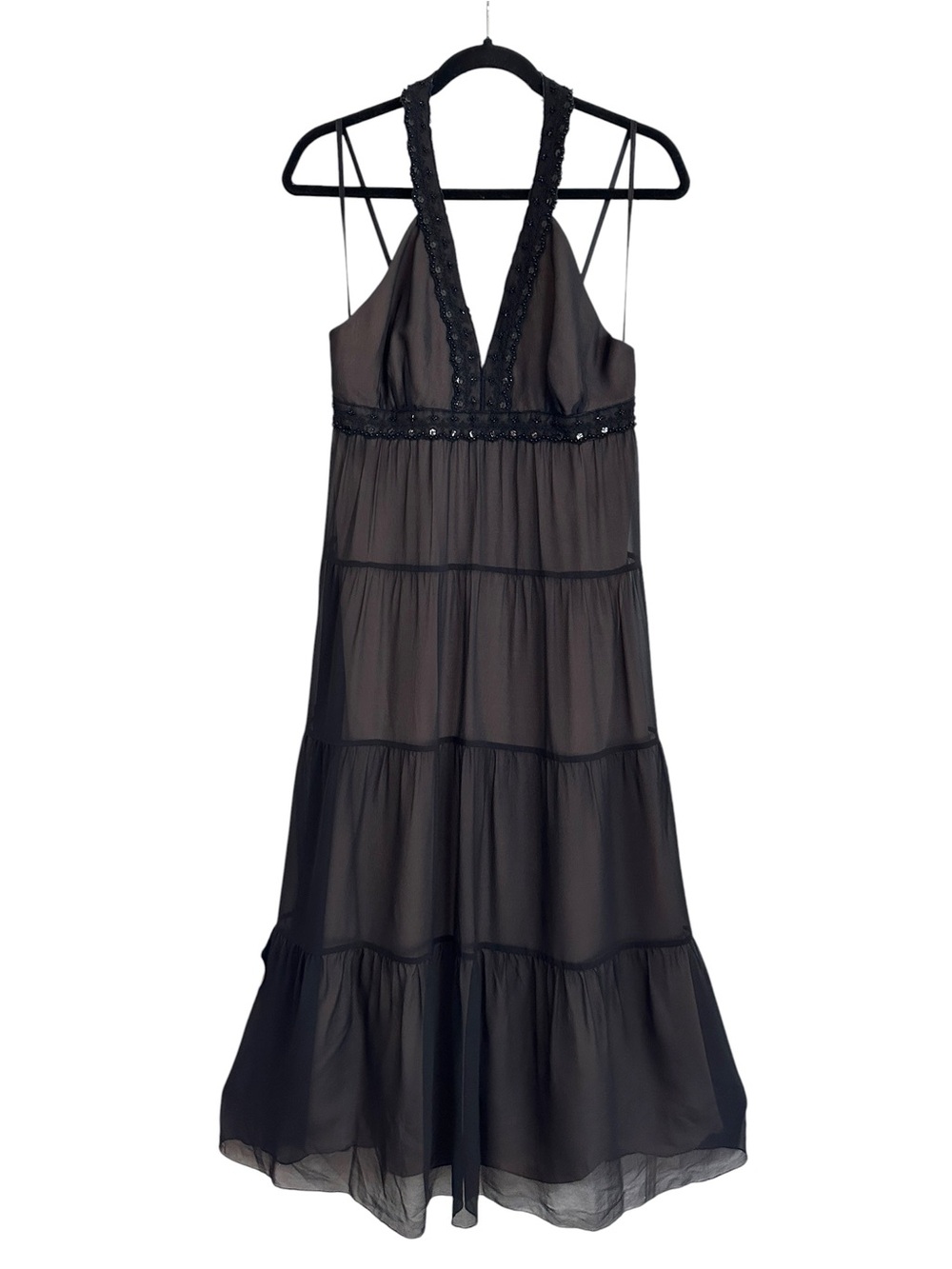 BCBG Paris Black Silk Beaded Halter Maxi Dress Tiered Y2K Evening Cocktail Sz 8‎ - Picture 14 of 14